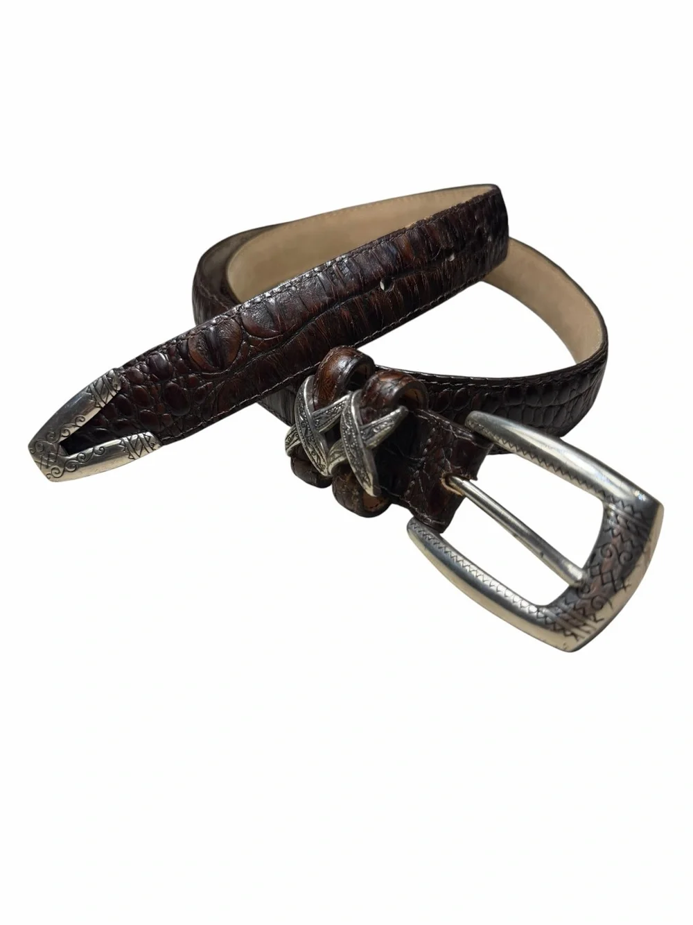 Brighton Brown Leather Crocodile Embossed Silver Buckle Belt Size 34 large